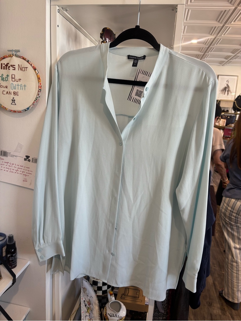 Eileen Fisher Pale Blue Mandarin-Collar Button Blouse